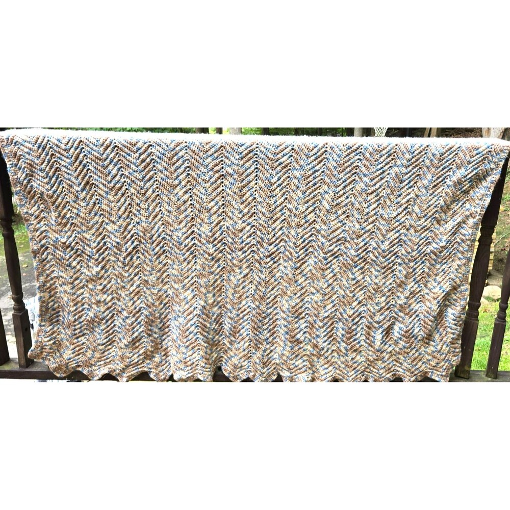 Cozy Handmade Knitted Zig-Zag Blanket – Variegated Blue/Neutral Throw